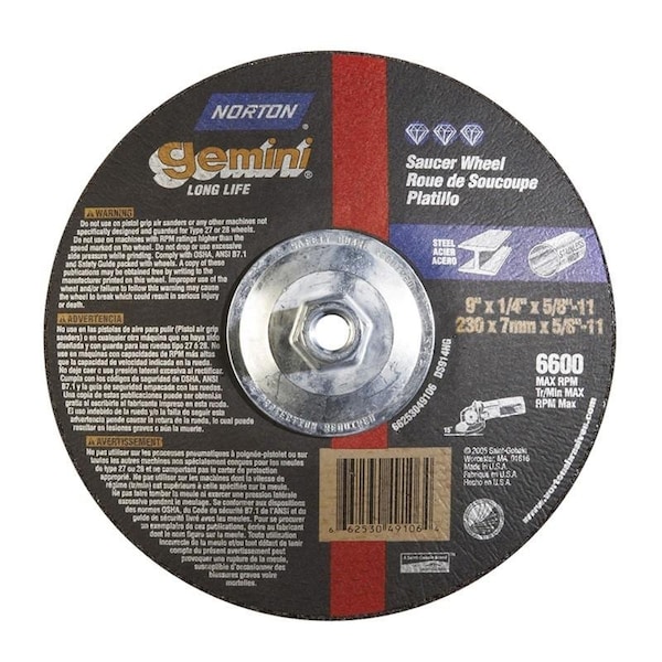 Norton Co Grinding Wheel, Depressed Center, Type 28 Saucer - Aluminum Oxide, 9 x 1/4 x 5/8-11, Max RPM: 6600 662530-49106 - main